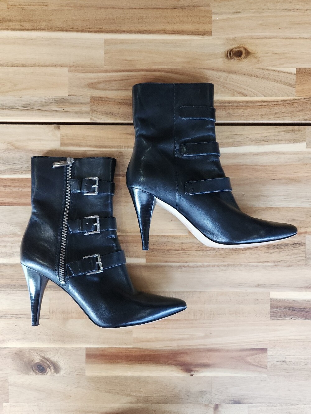 Michael Kors Black Leather Stiletto Heeled Boot with Silver Buckle Detail
